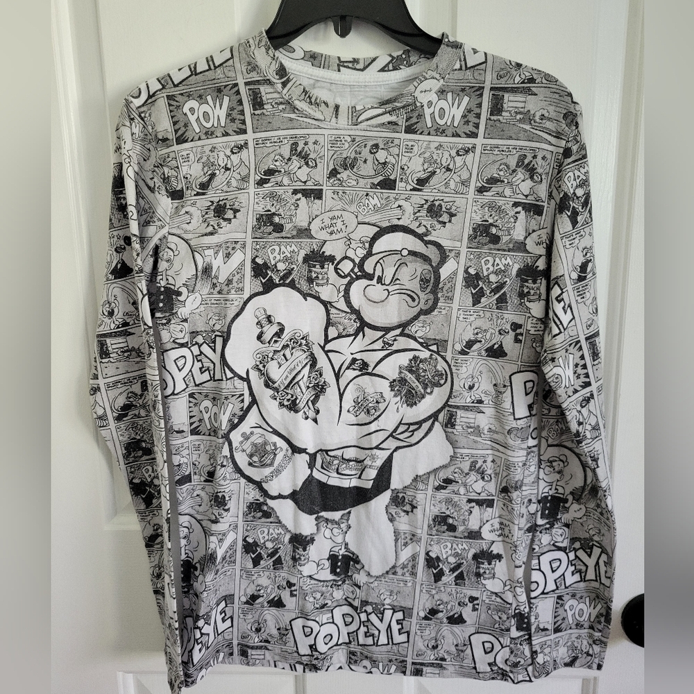 Popeye Womens Long Sleeve Comic White Gray Graphic Tee Size Small